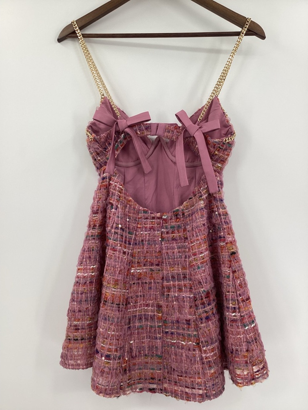 For Love & Lemons Celine Pink Tweed Mini Dress with Gold Chain Straps - Picture 3 of 14